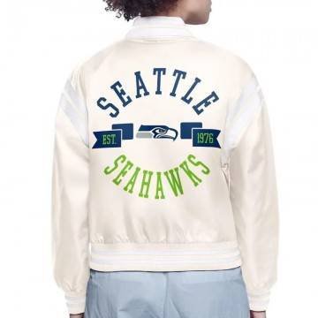 White Seattle Seahawks Printed Logo Varsity Satin Jacket White Seattle Seahawks Printed Logo Varsity Satin Jacket