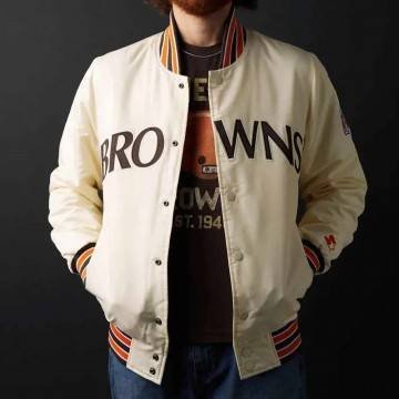 White 90’s Cleveland Browns Bomber Satin Jacket White 90’s Cleveland Browns Bomber Satin Jacket