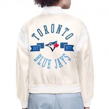White Toronto Blue Jays Printed Logo Varsity Satin Jacket