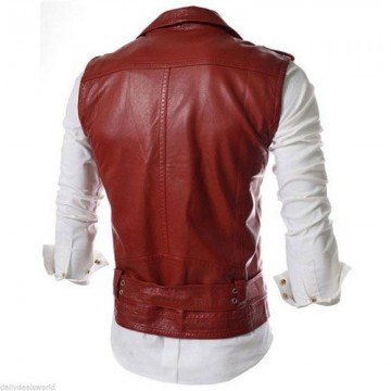 Men's Leather Biker Vest Sleeveless Motorcycle Slim Fit Red Vest