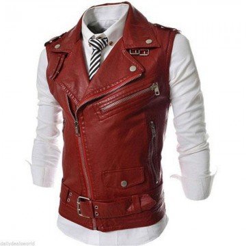 Men's Leather Biker Vest Sleeveless Motorcycle Slim Fit Red Vest