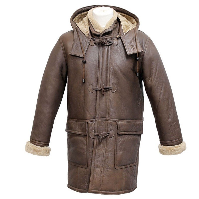 Men's Rufus Brown New Winter Real Shearling Sheepskin Leather Duffle Coat