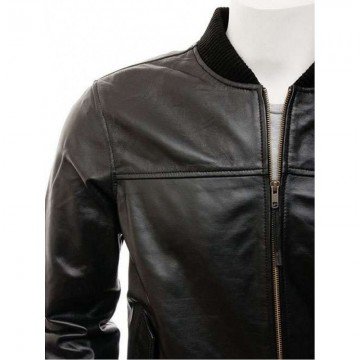 Mens Black Classic Elegant Real Leather Bomber Jacket