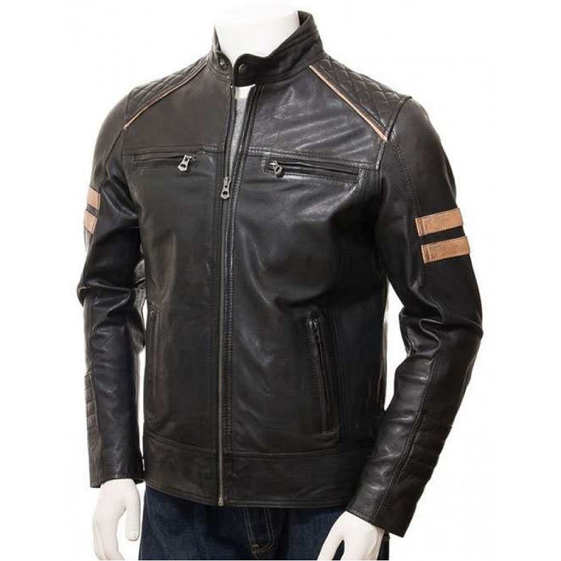 Mens Cafe Racer Striped Four Pockets Real Leather Biker Jacket