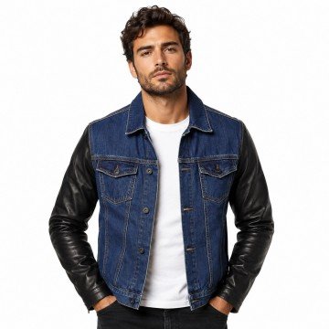 Men’s Denim Jacket with Leather Sleeves