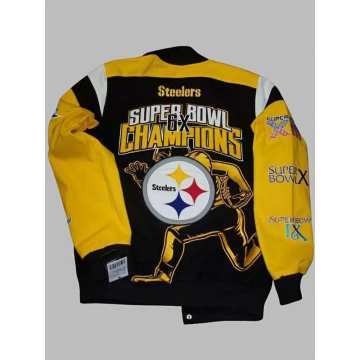 Super Bowl Champions 6X Pittsburgh Steelers Black and Yellow Varsity Leather Jacket