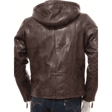 Quilted Brown Men Hooded Real Leather Jacket with Detachable Hood