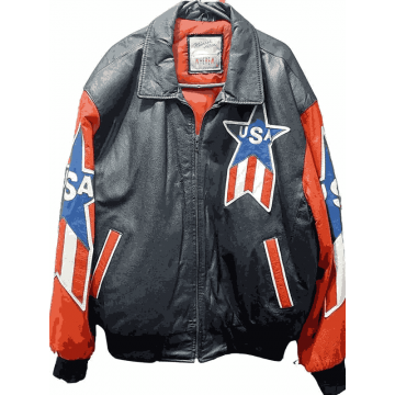 Michael Hoban USA Leather Jacket in Black and Orange Real Leather