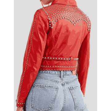 Studded Style Cropped Red Leather Jacket for Women's Fashion