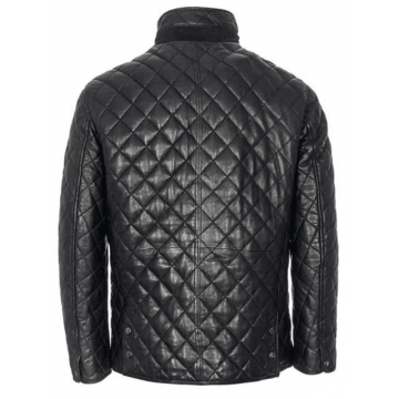 Men's Black Quilted Style Real Leather Jacket with Snap-Tab Collar