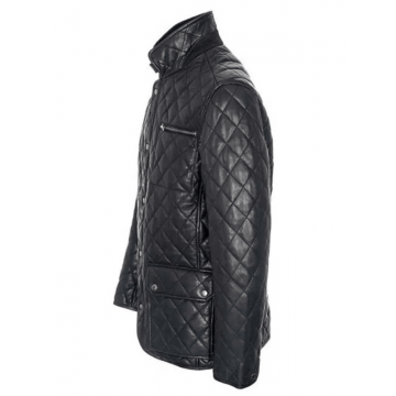 Men's Black Quilted Style Real Leather Jacket with Snap-Tab Collar