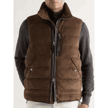 Men Brown Suede Leather Puffer Vest with Stand-Up Collar