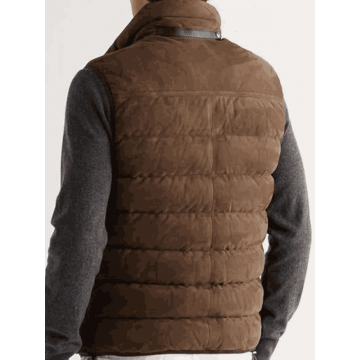 Men Brown Suede Leather Puffer Vest with Stand-Up Collar
