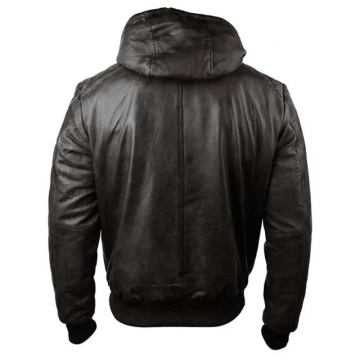 Mens Dark Brown Distressed Hooded Leather Jacket with Removable Hood