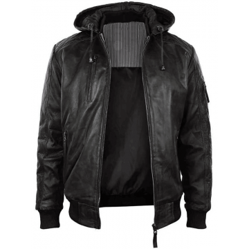 Mens Dark Brown Distressed Hooded Leather Jacket with Removable Hood