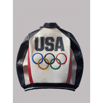 Team USA Olympics 2026 Bomber Leather Jacket in Black and White