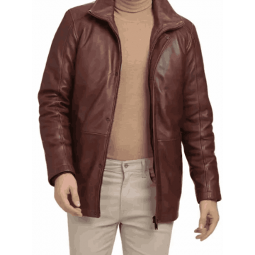 Men’s Casual Brown Real Leather Car Coat with Stand-Up Collar