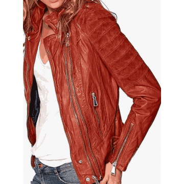 Women Classic Double Zipper Biker Brown Real Leather Jacket