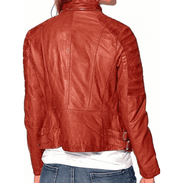 Women Classic Double Zipper Biker Brown Real Leather Jacket