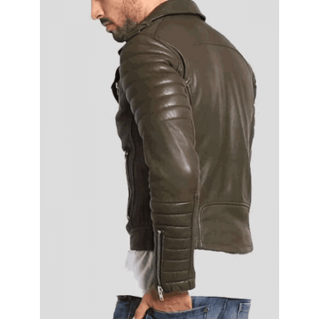 Olive Green Quilted Biker Men's Real Leather Jacket Olive Green Quilted Biker Men's Real Leather Jacket