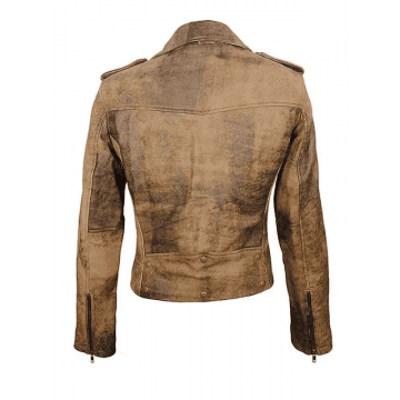 Women's Distressed Brown Belted Style Leather Biker Jacket