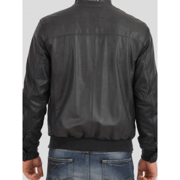 Men's Black Stand-Up Collar Leather Bomber Jacket