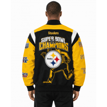 Super Bowl Champions 6X Pittsburgh Steelers Black and Yellow Varsity Leather Jacket