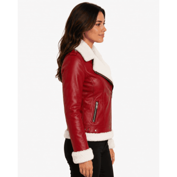 Women Red Christmas Shearling Leather Jacket for Holiday Fashion