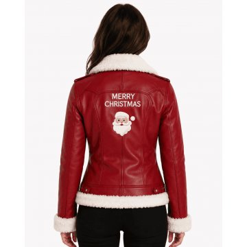 Women Red Christmas Shearling Leather Jacket for Holiday Fashion