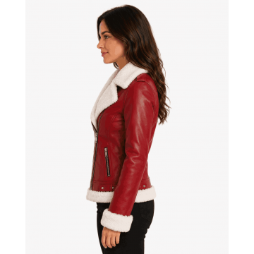 Women Red Christmas Shearling Leather Jacket for Holiday Fashion