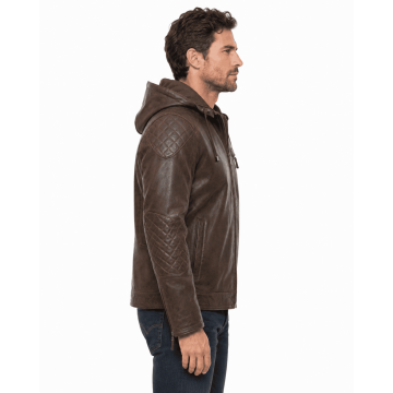 Quilted Brown Men Hooded Real Leather Jacket with Detachable Hood