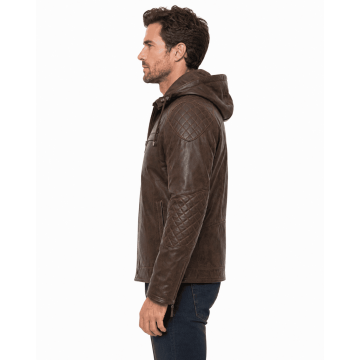 Quilted Brown Men Hooded Real Leather Jacket with Detachable Hood