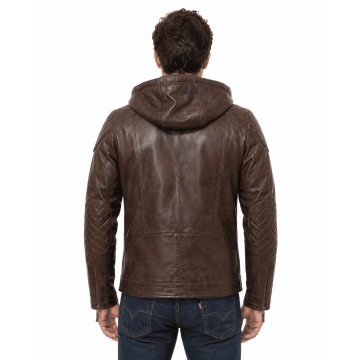 Quilted Brown Men Hooded Real Leather Jacket with Detachable Hood
