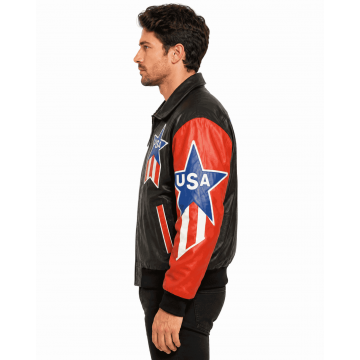 Michael Hoban USA Leather Jacket in Black and Orange Real Leather