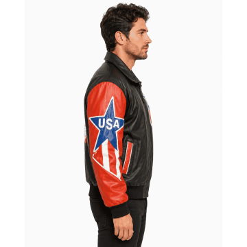 Michael Hoban USA Leather Jacket in Black and Orange Real Leather