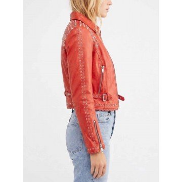 Studded Style Cropped Red Leather Jacket for Women's Fashion