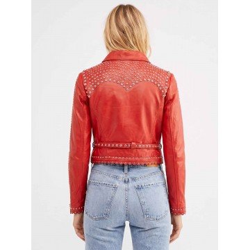 Studded Style Cropped Red Leather Jacket for Women's Fashion