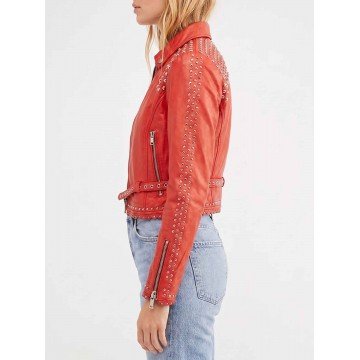Studded Style Cropped Red Leather Jacket for Women's Fashion