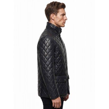 Men's Black Quilted Style Real Leather Jacket with Snap-Tab Collar