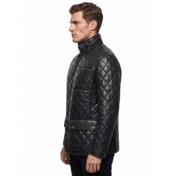 Men's Black Quilted Style Real Leather Jacket with Snap-Tab Collar