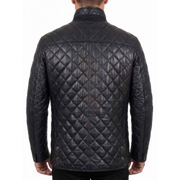 Men's Black Quilted Style Real Leather Jacket with Snap-Tab Collar