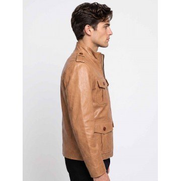 Four Pockets Men Brown Leather Jacket in Premium Real Leather