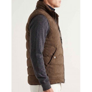 Men Brown Suede Leather Puffer Vest with Stand-Up Collar
