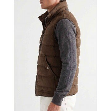 Men Brown Suede Leather Puffer Vest with Stand-Up Collar