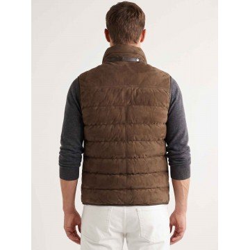 Men Brown Suede Leather Puffer Vest with Stand-Up Collar