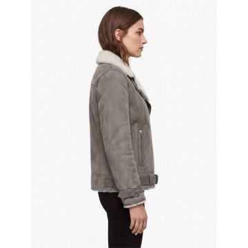 Women’s Bomber Grey Shearling Suede Leather Jacket