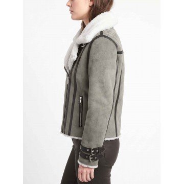 Women’s Bomber Grey Shearling Suede Leather Jacket