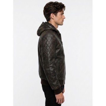 Mens Dark Brown Distressed Hooded Leather Jacket with Removable Hood