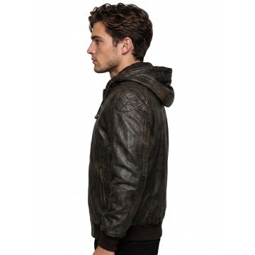 Mens Dark Brown Distressed Hooded Leather Jacket with Removable Hood