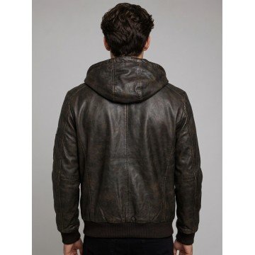 Mens Dark Brown Distressed Hooded Leather Jacket with Removable Hood